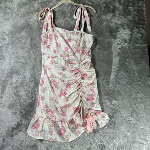 Sundress Womens Medium Pink Rose Floral Cottage Prairie Tie Straps Ruched Girlie